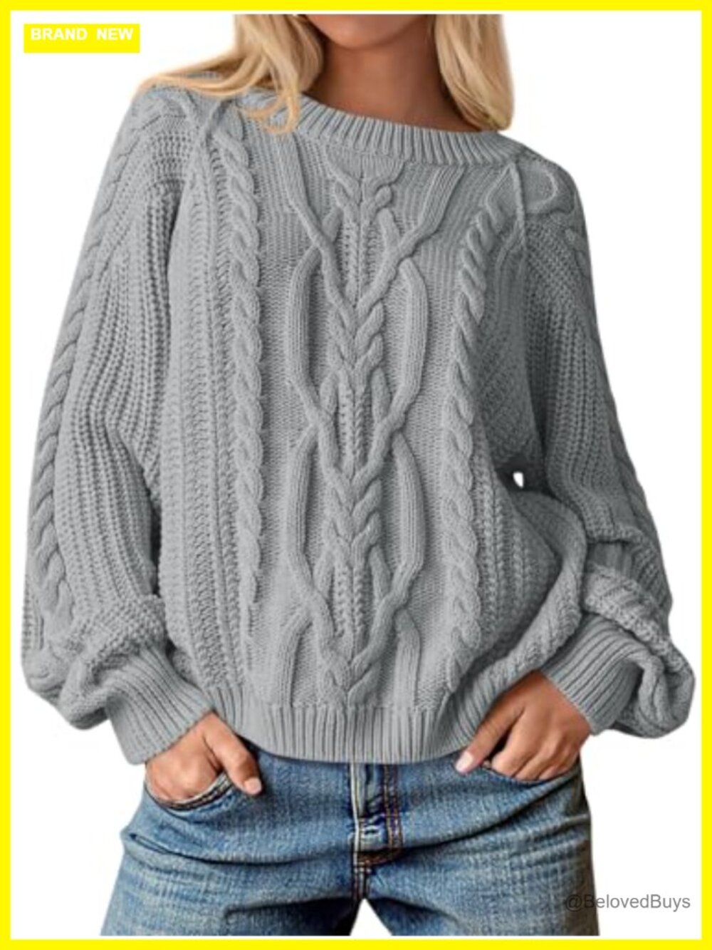Oversized Cable Knit Chunky Pullover Sweater Loose Fit Crew Neck Long Sleeve